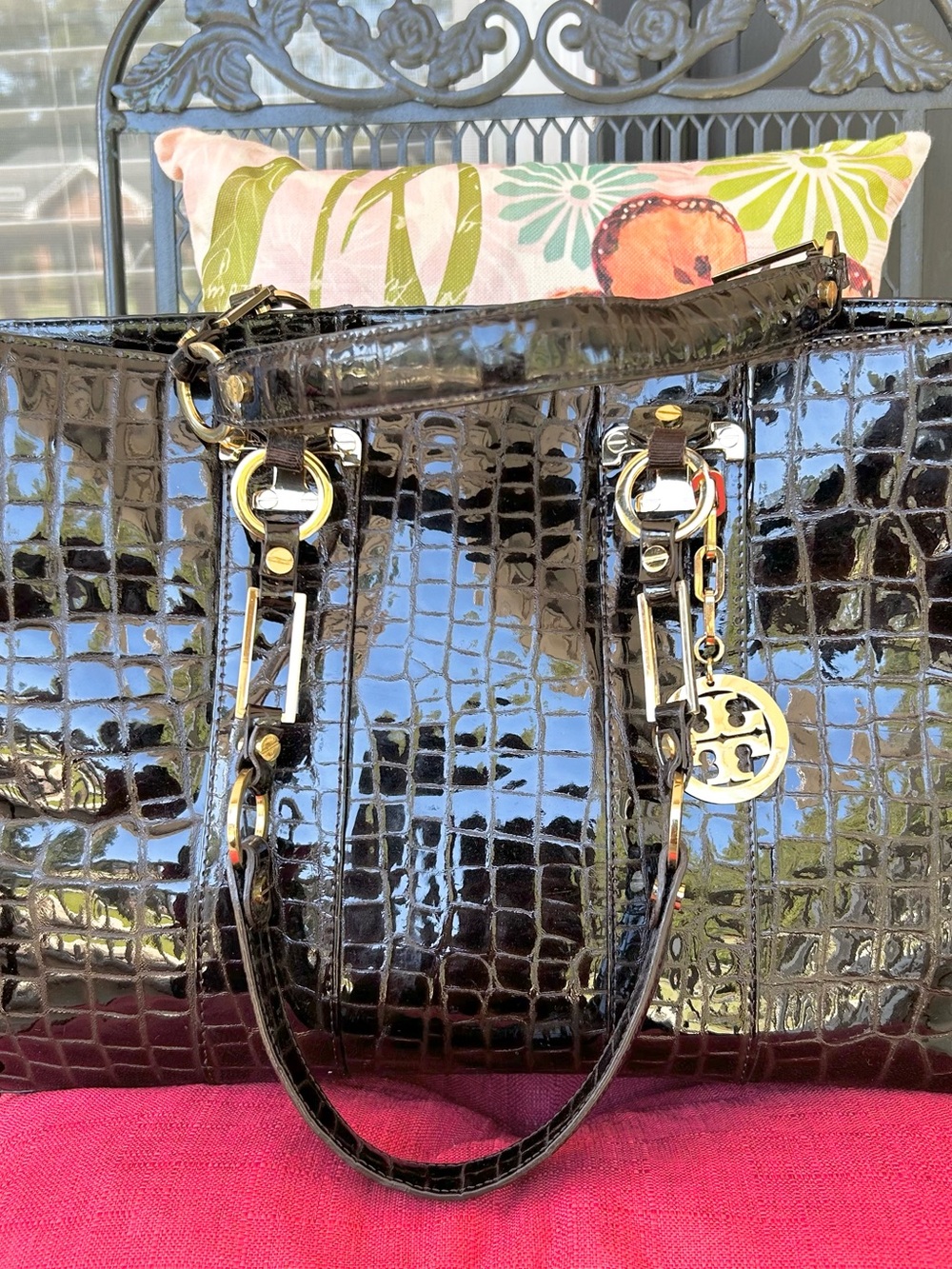 Tory Burch Glossy Dark Chocolate Brown Crocodile Embossed Large Leather Tote